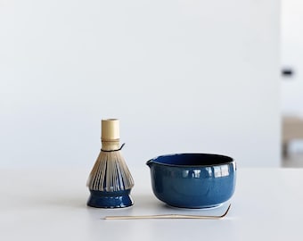 Navy Blue Ceramic Matcha Bowl Set with Spout and Whisk Holder Handmade Ceramic Matcha Set with Matcha Bowl and Chasen Holder