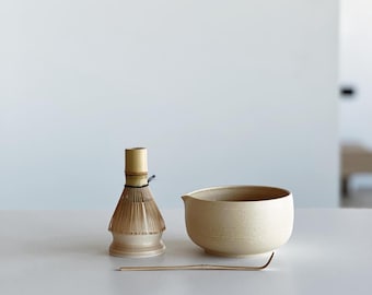 Beige Ceramic Matcha Bowl Set with Spout and Whisk Holder Handmade Ceramic Matcha Set with Matcha Bowl and Chasen Holder
