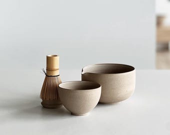 Handmade Toffee Ceramic Matcha Bowl Set: Bowl with Pouring Spout, Whisk Holder and Cup