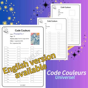 Könnte beinhalten: Drei "Code Couleurs"-Seiten mit lila und blauem Hintergrund. Die Hauptseite enthält Text und eine Prinzessinnen-Illustration. Der Text enthält "Princesses Tome 2", "Seite: 77" und "English version available". Die anderen Seiten sind leer.