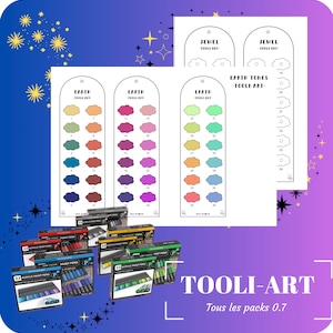 Peut inclure: Un ensemble de 22 stylos de peinture acrylique dans une variété de couleurs, y compris des bleus, des violets et des verts. Les stylos sont disposés en grille sur un fond blanc. L'image comprend également un nuancier avec différentes nuances de tons terre.
