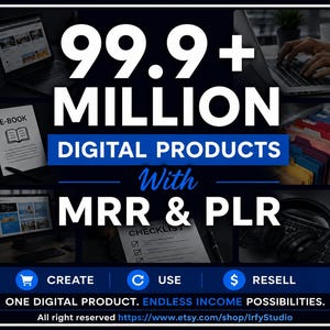 以下が含まれることがあります： 99.9+ MILLION DIGITAL PRODUCTS With MRR & PLRというテキストが記載されたデジタルマーケティング画像。ノートパソコン、電子書籍、事務用品の小さな画像が含まれており、下部にはCREATE、USE、RESELLのアイコンが配置されています。