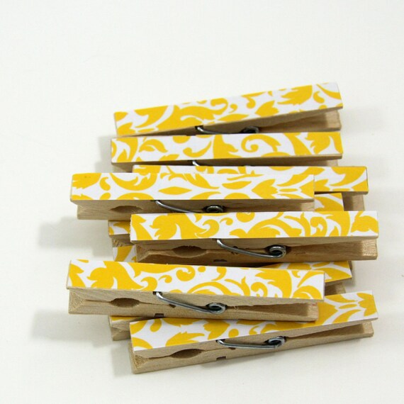 Items similar to Clothespins. Set of Ten. Yellow Damask on Etsy