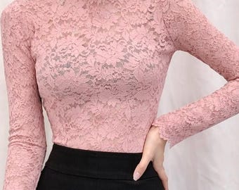 Floral Lace Turtleneck Top, Petal Sleeve Stretch Blouse, Chic Boutique Style, Gift for her, Gift for wife, Gift for Mom, Anniversary Gift