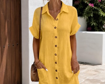 Vintage Linen Mini Dress for Women, Summer V-Neck Casual Holiday Dress, 3/4 Sleeve Boho Outfit