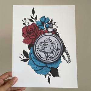 Alchemy Pocket Watch with Red & Blue Florals – Fullmetal-Inspired Tattoo Style Art Print