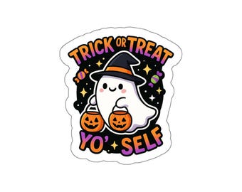 May include: A die-cut sticker featuring a white ghost wearing a black witch hat with an orange band. The ghost holds two orange jack-o'-lantern buckets. The text reads TRICK OR TREAT YO' SELF in orange and purple gradient letters on a black background.