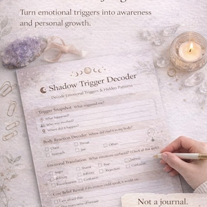 Może przedstawiać: Arkusz roboczy zatytułowany "Shadow Trigger Decoder" z monitami identyfikującymi wyzwalacze emocjonalne i wzorce. Arkusz jest wypełniany długopisem. Tekst "Understand Your Reactions Without Judgment" znajduje się na górze.
