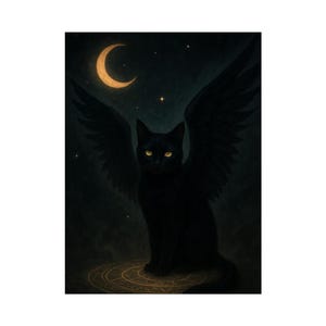 Gatto nero mistico con luna crescente / Stampa artistica digitale