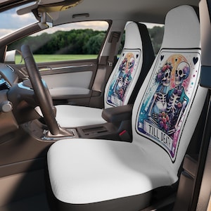 Wedding Car Seat Covers  - Universal Fit, Set of 2 Till Death Skeleton Design, Polyester Fabric