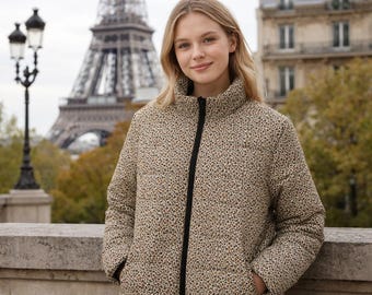 Chaqueta acolchada para mujer, estampado de leopardo integral / abrigo de invierno acolchado