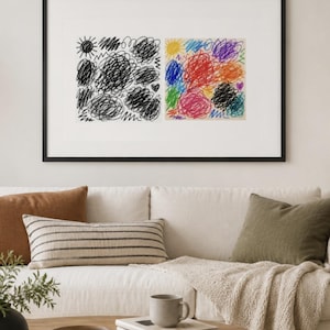Arte mural minimalista moderno en blanco y negro con garabatos / Decoración monocromática contemporánea con marco de madera