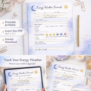 May include: A printable and fillable Daily Energy Forecast PDF, letter size 8.5" x 11", with a celestial design. The planner insert helps track energy and intuition. Includes a gold pen and paperclips.