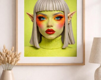 Fantasy Portrait Elf Art - Surreal Neon Green Clay Textured Digital Download