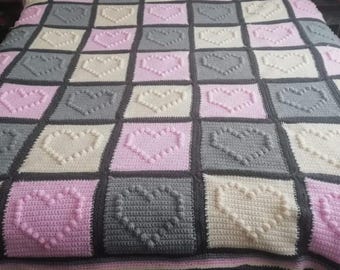 Handpicked Heart Bobble Stitch Throw - Cozy Pink Textured Crochet Blanket