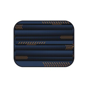 May include: A rectangular, navy blue object with rounded corners. The design features horizontal, textured lines and gold-colored arrow and dash patterns. The overall aesthetic is modern and geometric.