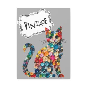 Wydruk na płótnie z motywem kota w guziki | Kolorowa, fantazyjna dekoracja ścienna (18"x24")