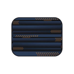 May include: A rectangular, navy blue object with rounded corners. The design features horizontal, textured lines and gold-colored arrow and dash patterns. The overall aesthetic is modern and geometric.