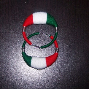 Green White Red Flag yarn earrings LG