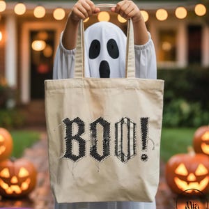Faux Patchwork Halloween Tote Bag, Stitched Boo Canvas Tote, Spooky Candy Bag, Aesthetic Trick or Treat Shoulder Bag, Cute Halloween Gift