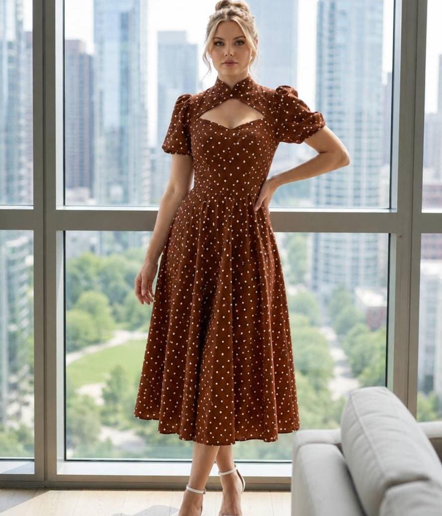Vintage Inspired Midi Dress, Retro Puff Sleeve Dress, Cottagecore Wedding Dress Vintage Inspired Midi Dress, Retro Puff Sleeve Dress, Cottagecore Wedding Dress