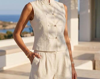 Linen Vest and Shorts Set for Women, Summer Linen Suit, Mandarin Collar Vest, Minimalist Two Piece Outfit, Resort Wear, Gift for Her