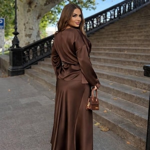 Plus Size Black Silk Two Piece Set For Women, Royal Silk Blouse Belt and Midi Satin Skirt, Outfit Large Size, Bridesmaid Dress image 18