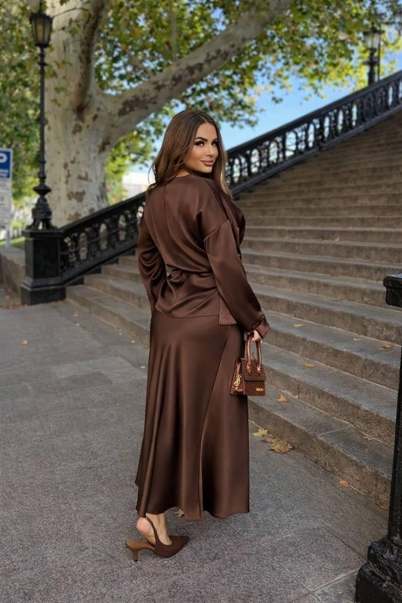 Plus Size Black Silk Two Piece Set For Women, Royal Silk Blouse Belt and Midi Satin Skirt, Outfit Large Size, Bridesmaid Dress image 18