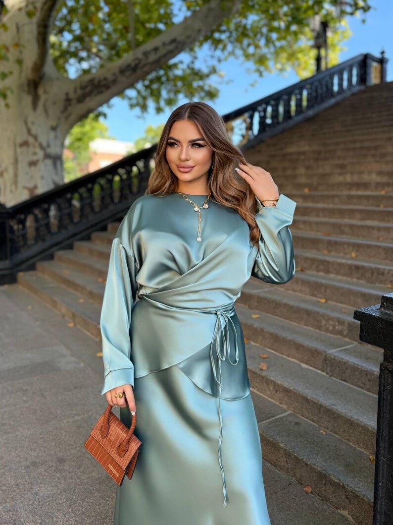 Plus Size Black Silk Two Piece Set For Women, Royal Silk Blouse Belt and Midi Satin Skirt, Outfit Large Size, Bridesmaid Dress Oliva