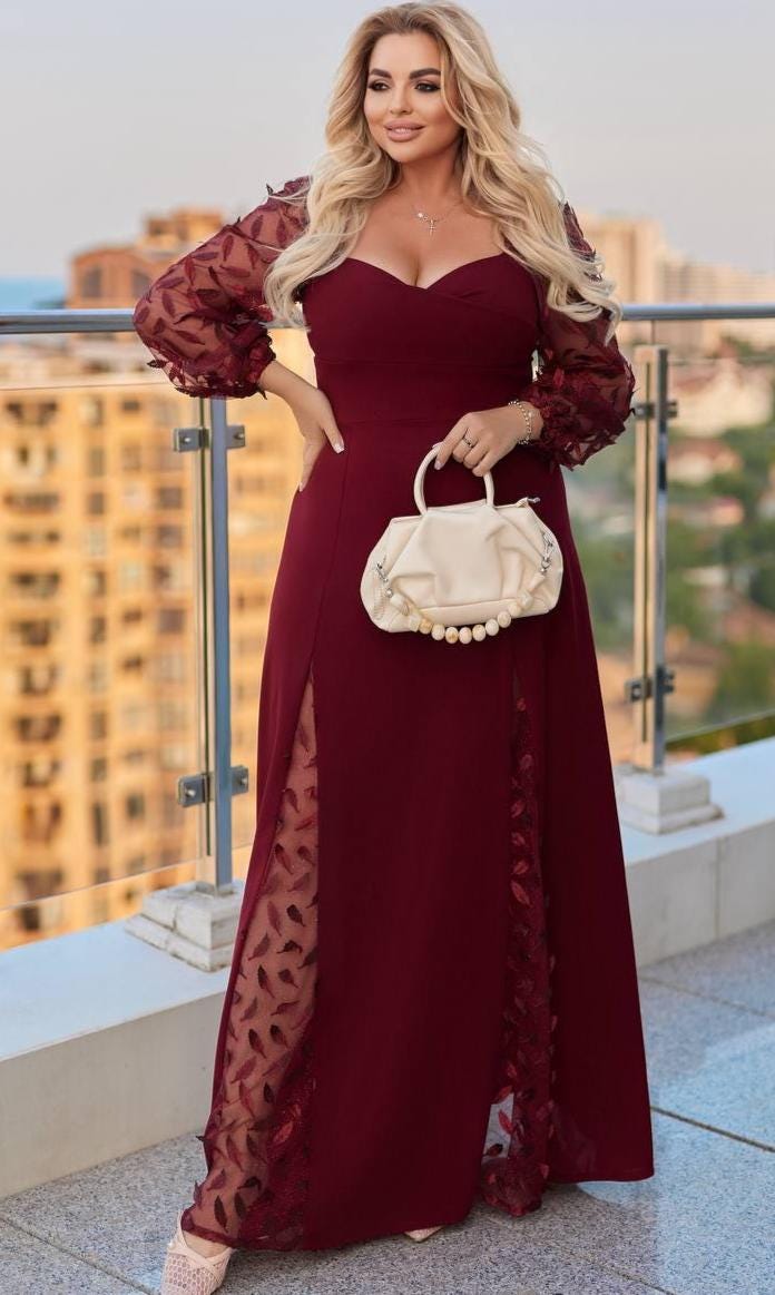 knee length dresses for ladies Elegant Plus Size Velvet Mesh Fishtail Dress with Pearl Detail for Formal  Occasions main image 1