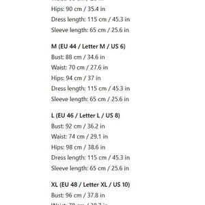 May include: A white background displays a size chart with measurements for clothing. Sizes range from S to XL, with bust, waist, hips, dress length (45.3 in), and sleeve length (25.6 in) measurements in both cm and inches.