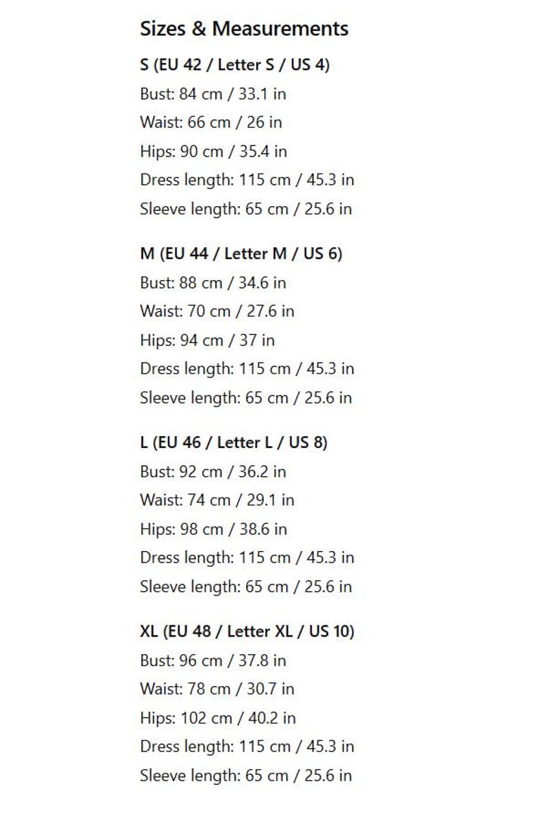 May include: A white background displays a size chart with measurements for clothing. Sizes range from S to XL, with bust, waist, hips, dress length (45.3 in), and sleeve length (25.6 in) measurements in both cm and inches.