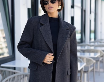 Elegant Wool Blend Coat with Deep Back Slit, Gray and Black Women’s Long Coat, Double Pocket Classic Overcoat, Minimalist Winter Coat