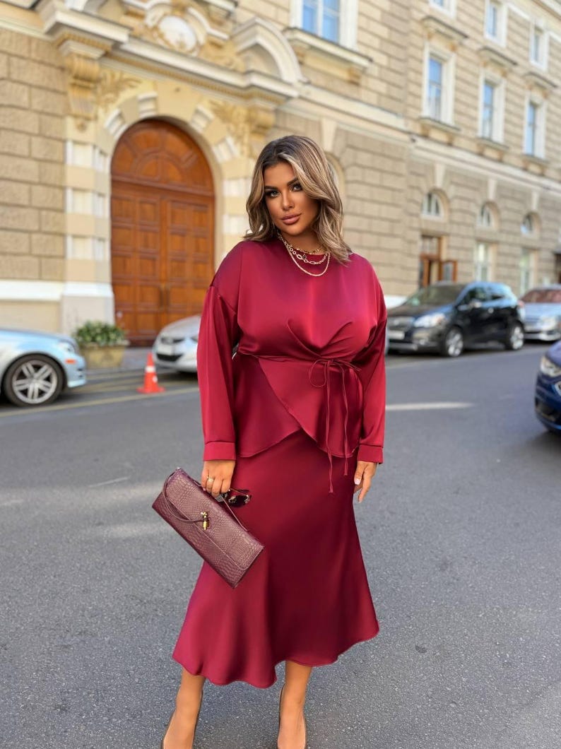 Plus Size Black Silk Two Piece Set For Women, Royal Silk Blouse Belt and Midi Satin Skirt, Outfit Large Size, Bridesmaid Dress Burgundy