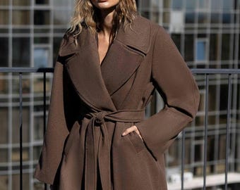 Elegant Brown Wool Blend Coat with Deep Back Slit, Gray and Black Women’s Long Coat, Double Pocket Classic Overcoat, Minimalist Winter Coat
