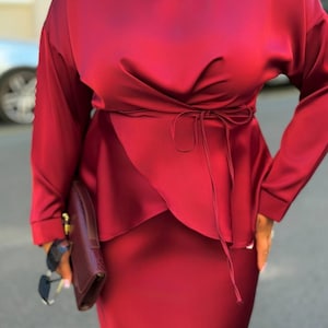 Plus Size Black Silk Two Piece Set For Women, Royal Silk Blouse Belt and Midi Satin Skirt, Outfit Large Size, Bridesmaid Dress image 13