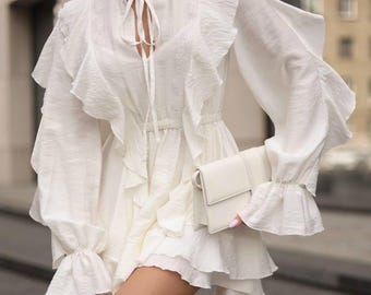 Tencel French Lace Mini Dress with Long Sleeves, Milk White Bridal Short Dress, Engagement
