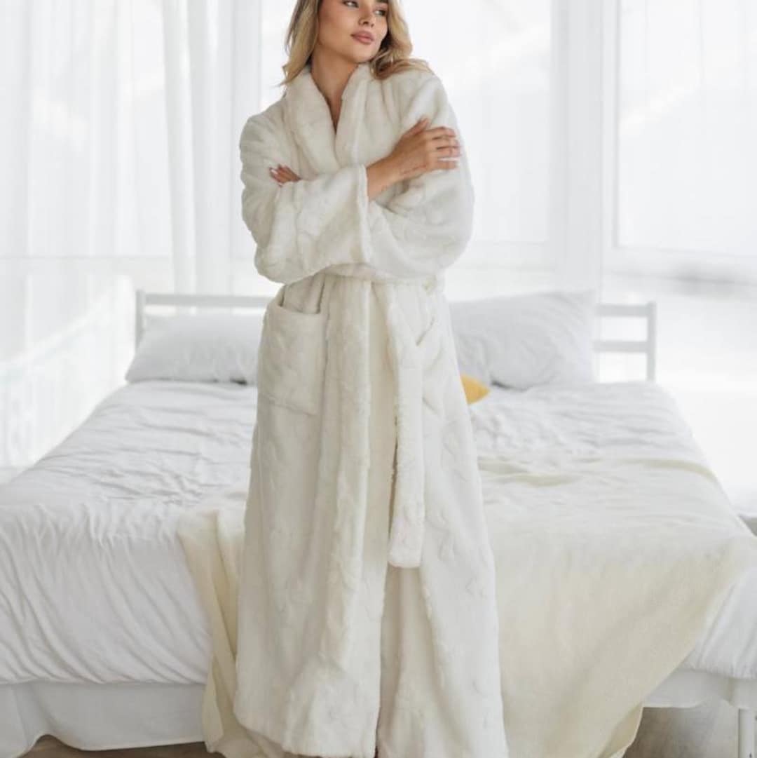 Long Terry Cloth Robe in Pink or White, Maxi Bathrobe for Women With ...