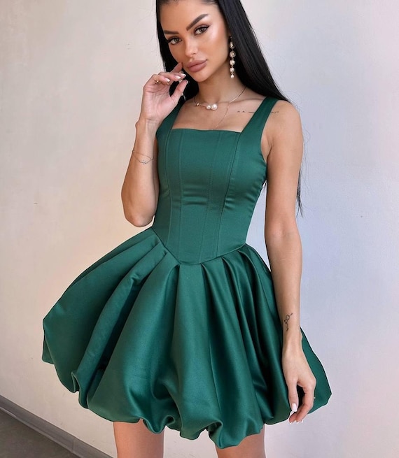 Corset Balloon Dress, Petite Satin Mini Dress, Elegant Party Dress, Structured Corset Dress, Feminine Puff Skirt Dress, Petite Fit Outfit