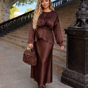 Plus Size Black Silk Two Piece Set For Women, Royal Silk Blouse Belt and Midi Satin Skirt, Outfit Large Size, Bridesmaid Dress Brown