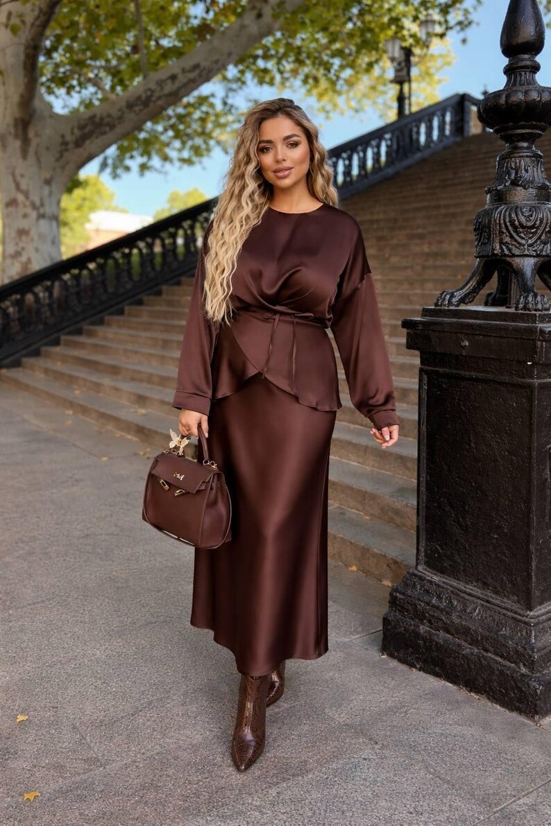 Plus Size Black Silk Two Piece Set For Women, Royal Silk Blouse Belt and Midi Satin Skirt, Outfit Large Size, Bridesmaid Dress Brown