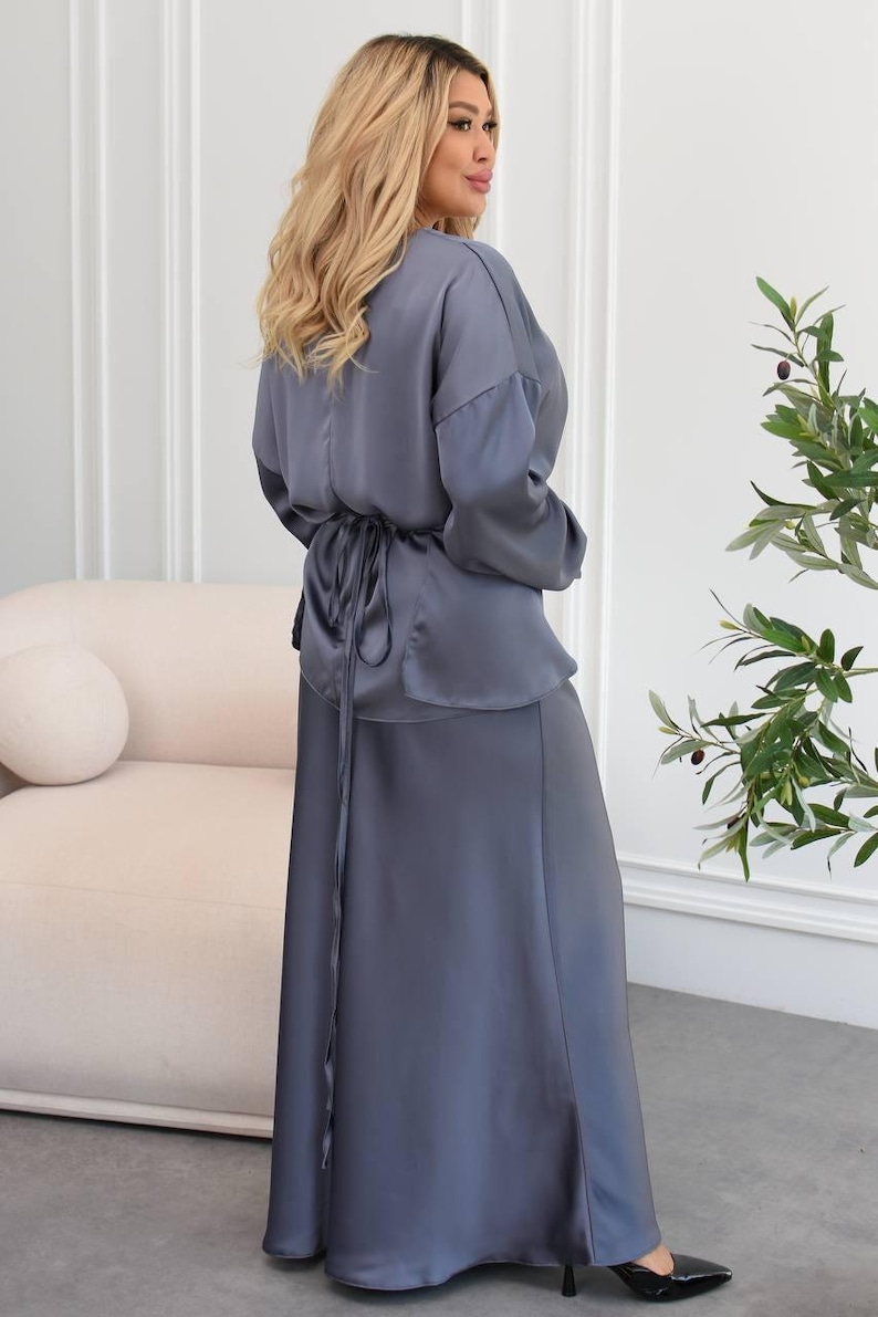 Plus Size Black Silk Two Piece Set For Women, Royal Silk Blouse Belt and Midi Satin Skirt, Outfit Large Size, Bridesmaid Dress image 5