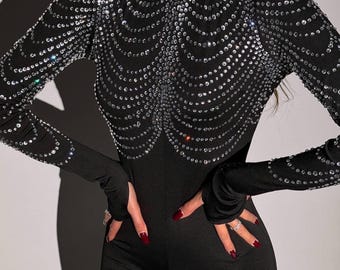 Rhinestone Jumpsuit Stretch Crepe Diving Fabric, Sparkling Party Club Outfit, Festival Night Event Wear