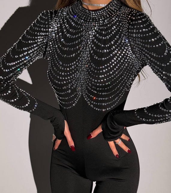 Rhinestone Jumpsuit Stretch Crepe Diving Fabric, Sparkling Party Club Outfit, Festival Night Event Wear