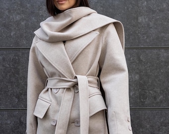 Wool Blend Coat with Scarf Cape, Minimalist Elegant Long Coat, Winter & Demi-Season