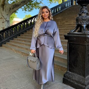 Plus Size Black Silk Two Piece Set For Women, Royal Silk Blouse Belt and Midi Satin Skirt, Outfit Large Size, Bridesmaid Dress image 8