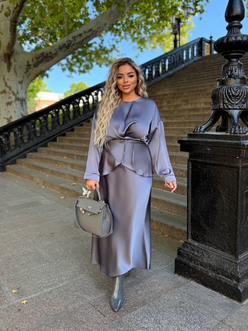 Plus Size Black Silk Two Piece Set For Women, Royal Silk Blouse Belt and Midi Satin Skirt, Outfit Large Size, Bridesmaid Dress image 8