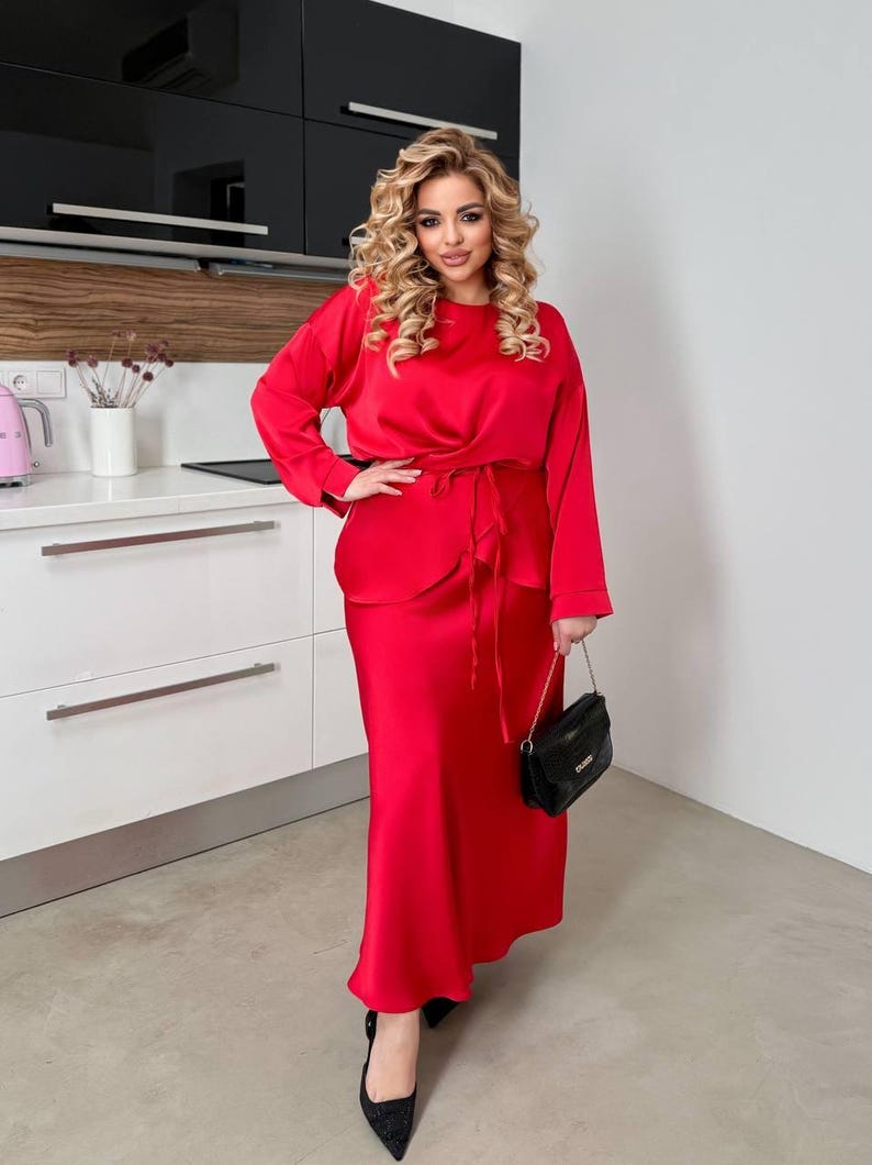 Plus Size Black Silk Two Piece Set For Women, Royal Silk Blouse Belt and Midi Satin Skirt, Outfit Large Size, Bridesmaid Dress Red