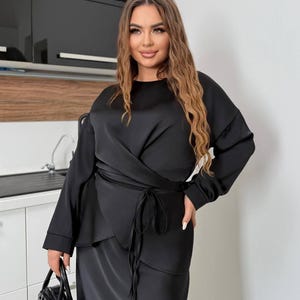 Plus Size Black Silk Two Piece Set For Women, Royal Silk Blouse Belt and Midi Satin Skirt, Outfit Large Size, Bridesmaid Dress Black