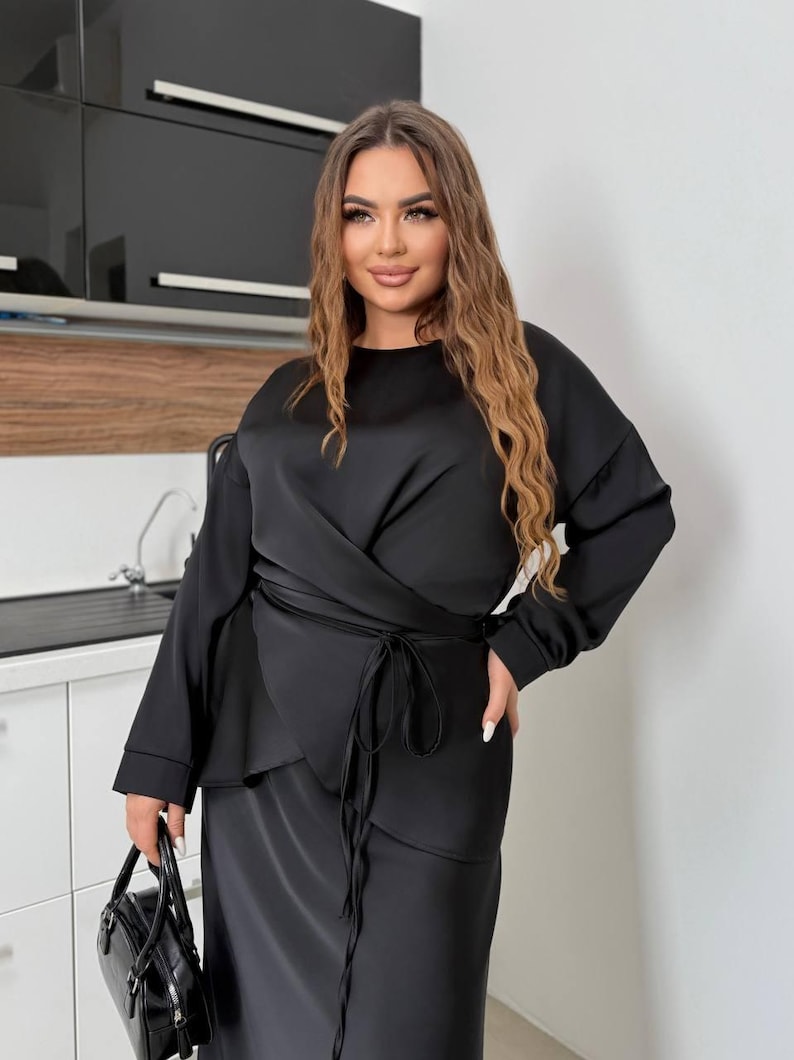 Plus Size Black Silk Two Piece Set For Women, Royal Silk Blouse Belt and Midi Satin Skirt, Outfit Large Size, Bridesmaid Dress Black